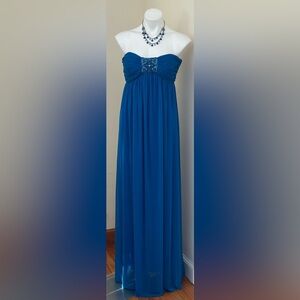 IGINITE EVENING Sheer Ocean Blue Strapless Sweetheart Beaded Maxi Dress Sz 12